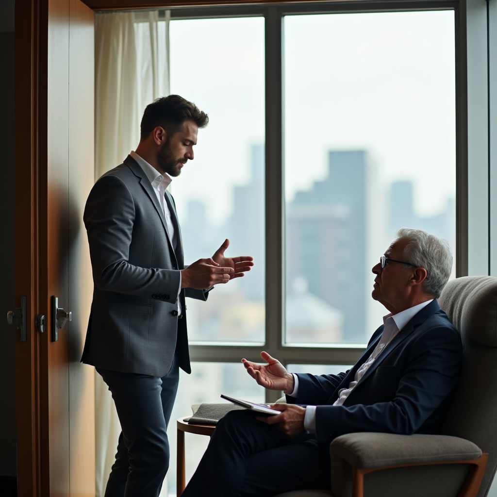 A new manager speaking with a senior leader in a collaborative, open-door office environment
