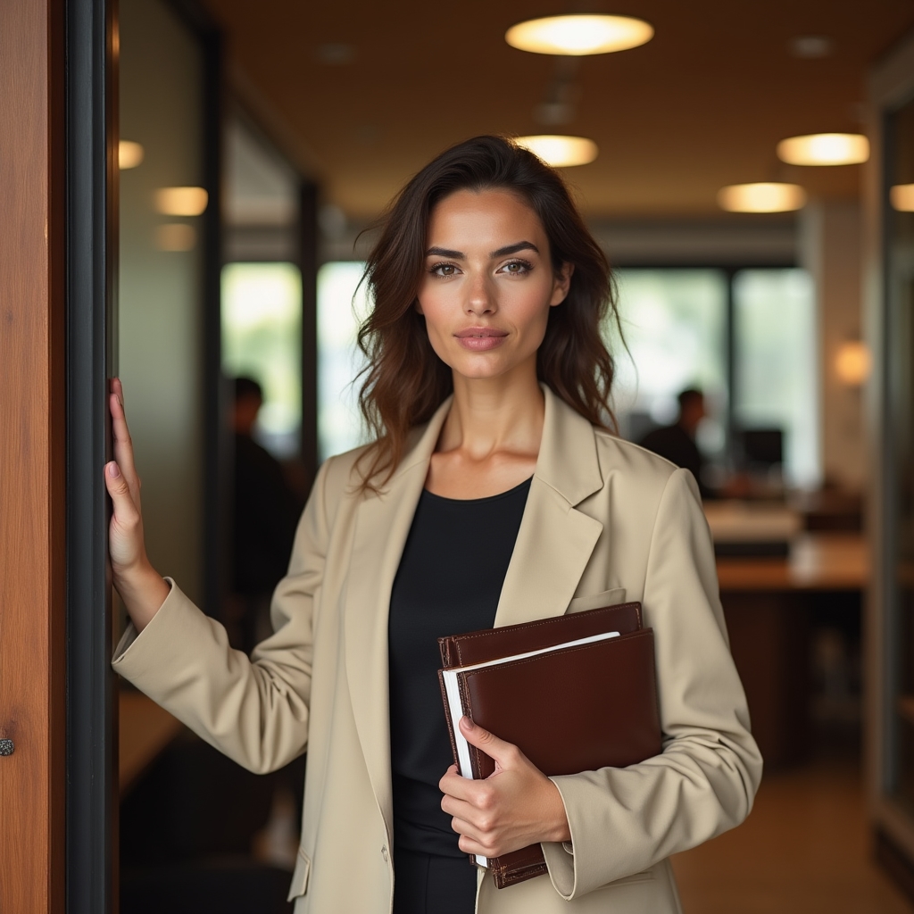 A new manager standing confidently at the entrance of a modern office on their first day as a leader