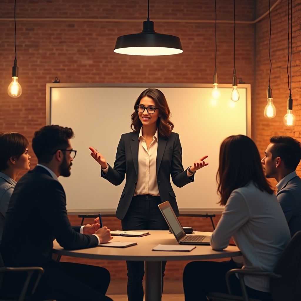 A newly promoted manager leading their first team meeting in a modern office