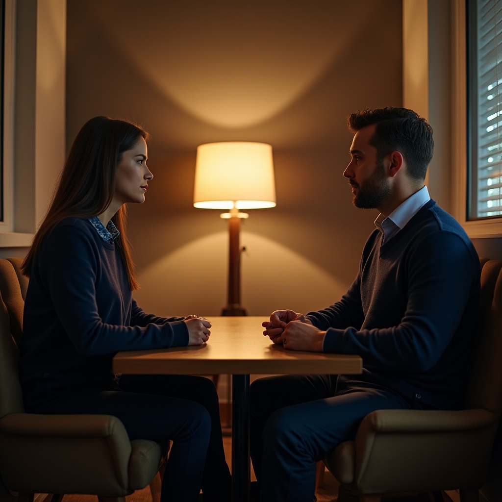 A manager and employee having a private, respectful conversation in a small meeting room