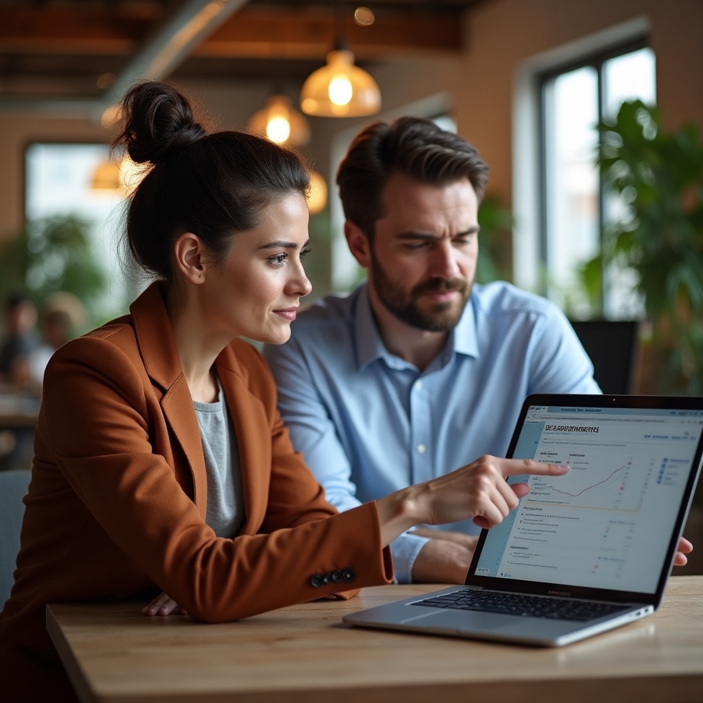 Two colleagues reviewing project progress on a laptop in a relaxed office setting