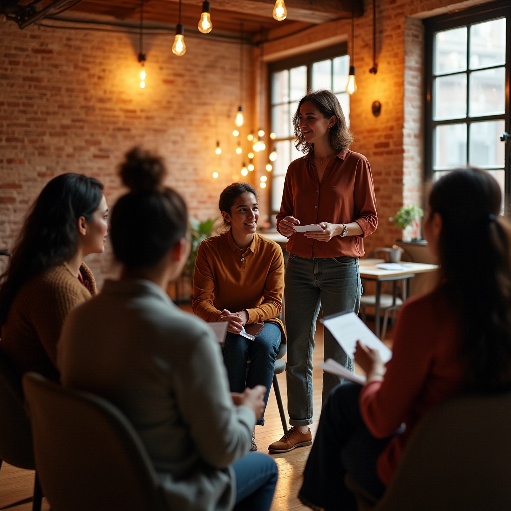 A new team leader facilitating a small group discussion in a warm, well-lit workshop space